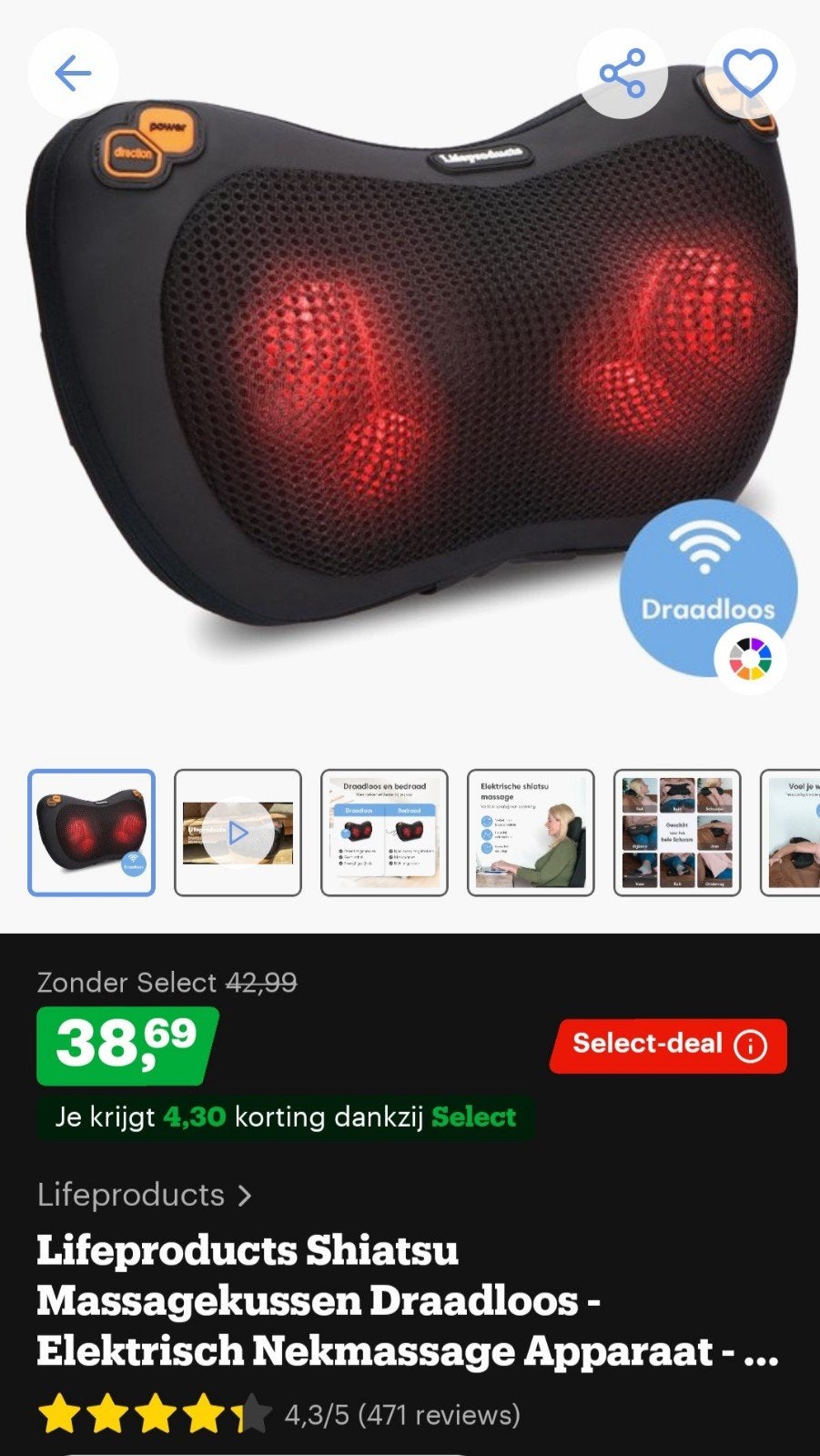 Lifeproducts Shiatsu Massagekussen Draadloos Nekmassage, Ophalen