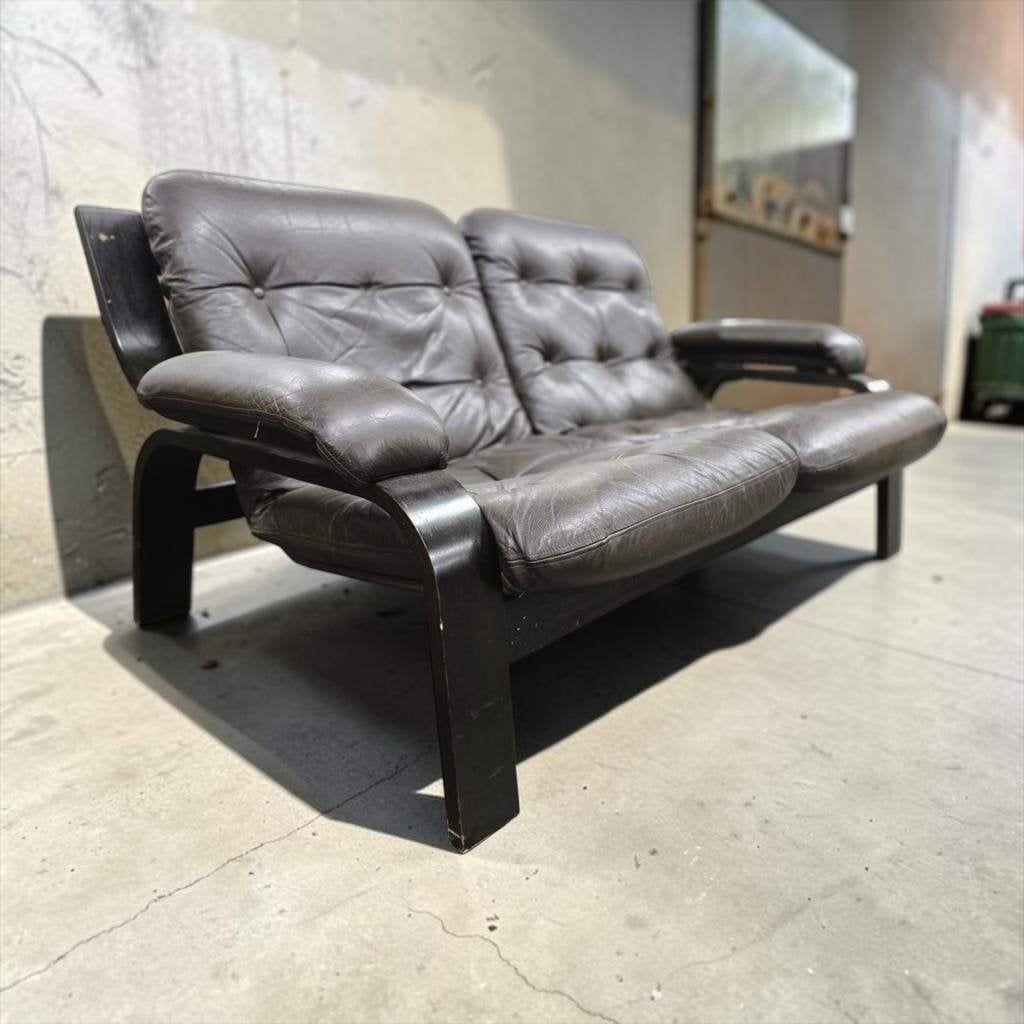 Vintage bruine lederen tweezit / zetel / canapé, Antiek en Kunst, Ophalen