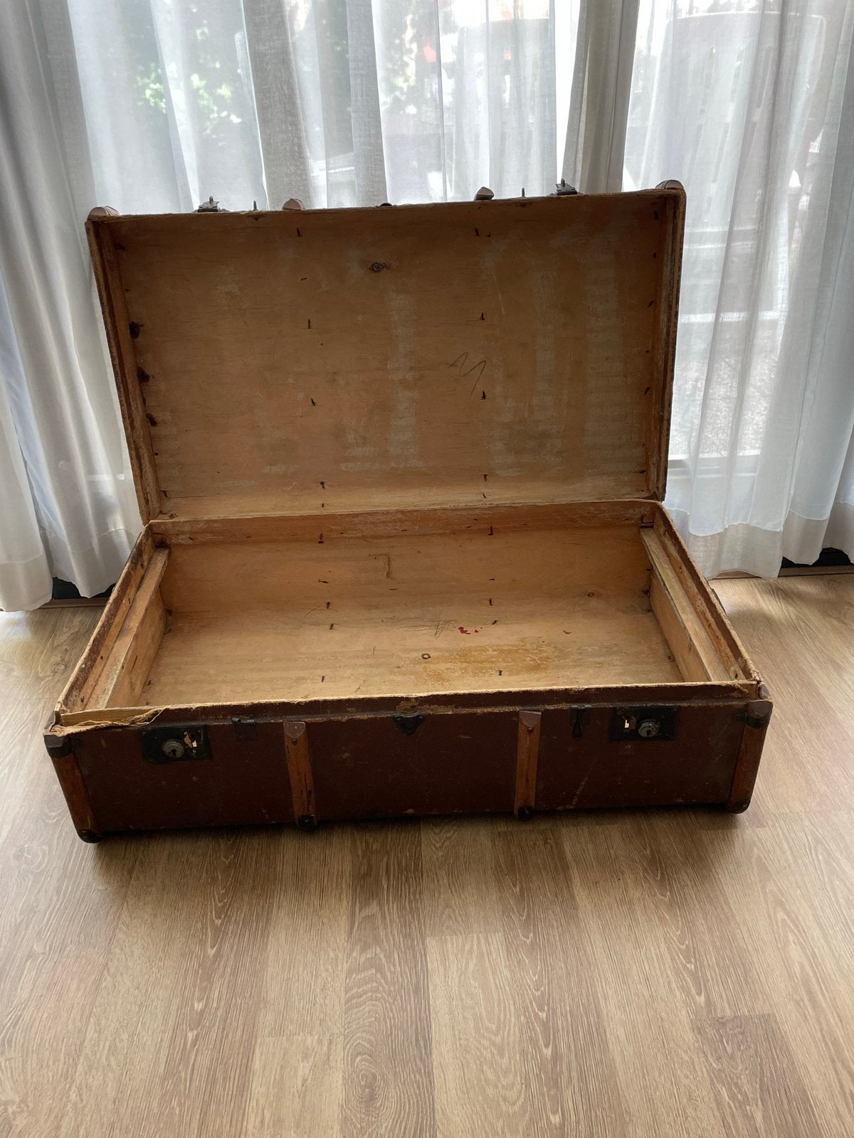 Vintage houten reiskoffer / decoratieve kist, Ophalen, Gebruikt, 100 tot 150 cm, Minder dan 50 cm