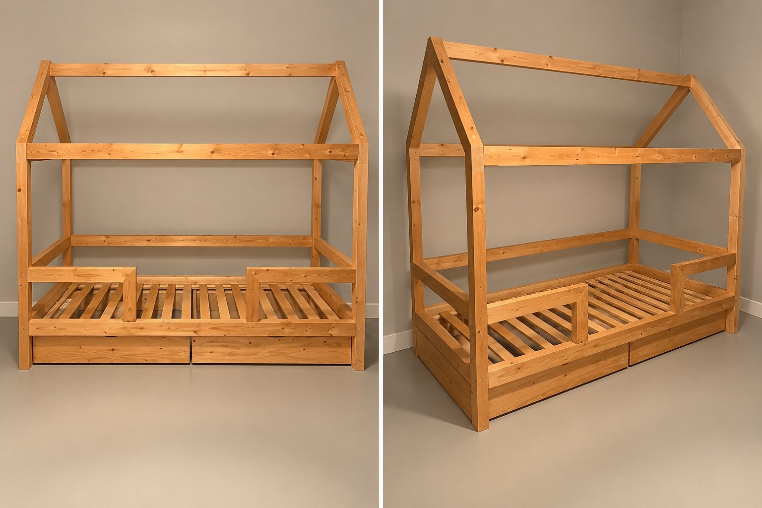 Houten huisbed 90x200 cm met lades – blank hout, Ophalen, Gebruikt