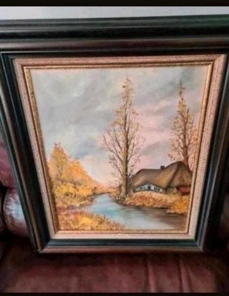 Schilderij met landschap en huis 1986, Ophalen of Verzenden
