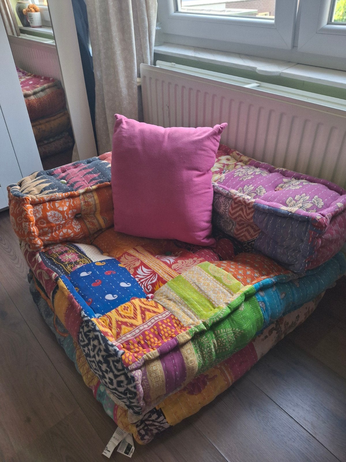 Kleurrijk patchwork vloerkussen/poef, Ophalen, Bohemian, Eclectisch, Patchwork, Zo goed als nieuw, Stof
