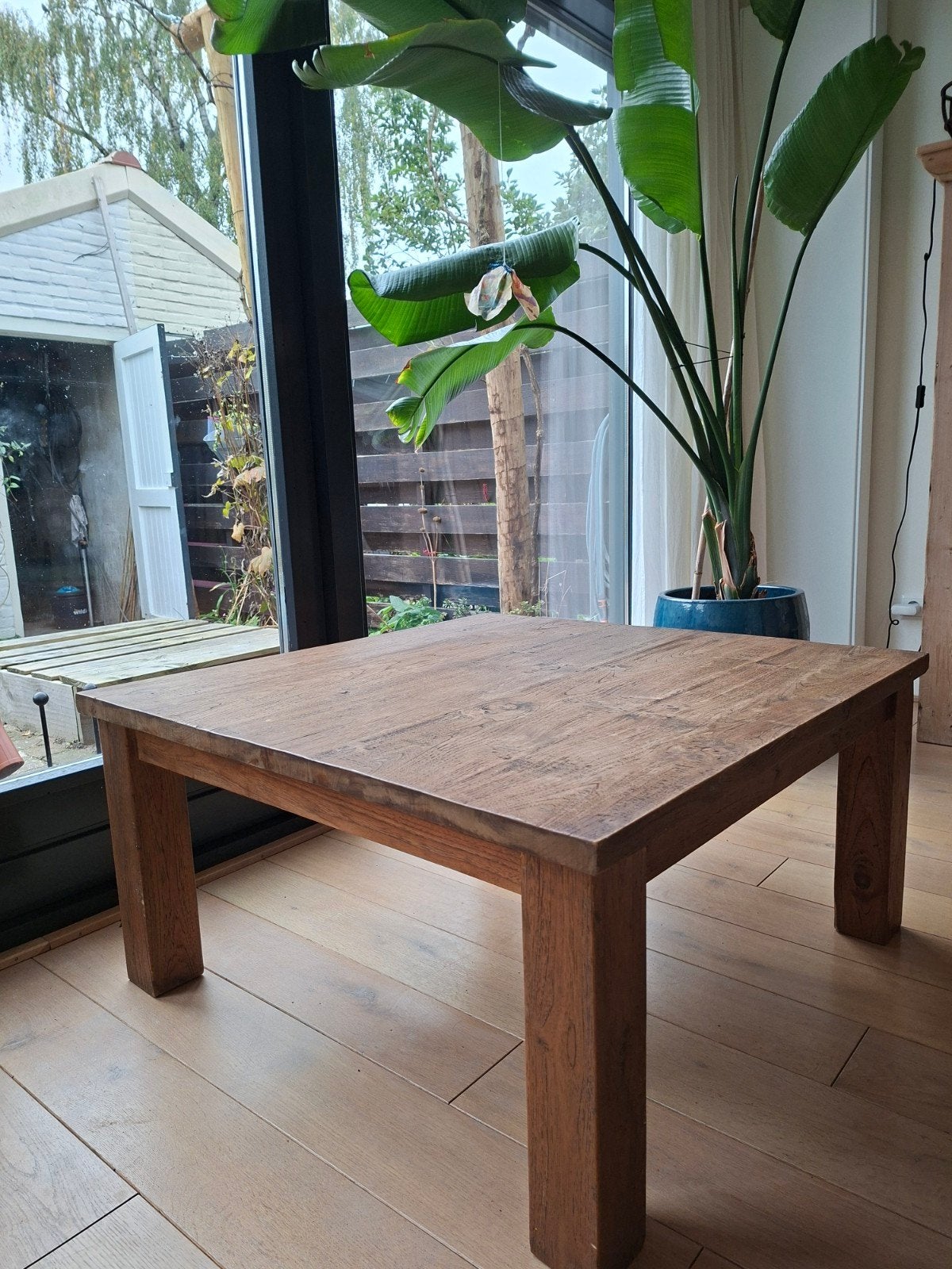 Massief teakhouten salontafel, Ophalen, Gebruikt, 50 tot 100 cm, Robuust, Landelijk