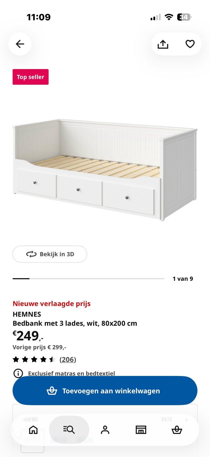 Bedbank ( ikea), 90 cm, Eenpersoons, Wit, Ophalen of Verzenden