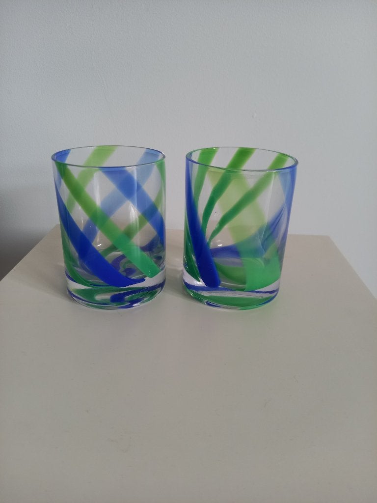 Twee stijlvolle stevige drinkglazen groen/blauw motief, Ophalen, Nieuw, Overige typen