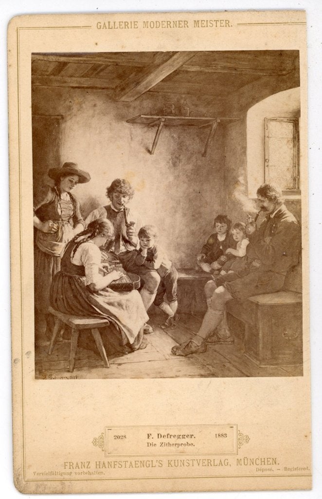 Antieke foto 'Die Zitherprobe' van F. Defregger, 1883, Antiek en Kunst, Bruin, Overige typen, Ophalen of Verzenden, Papier/karton
