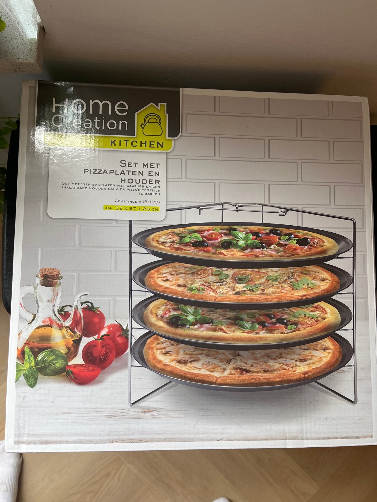 Home Creation Pizzaplaten Set met Houder - 4 Pizza's, Ophalen, Nieuw