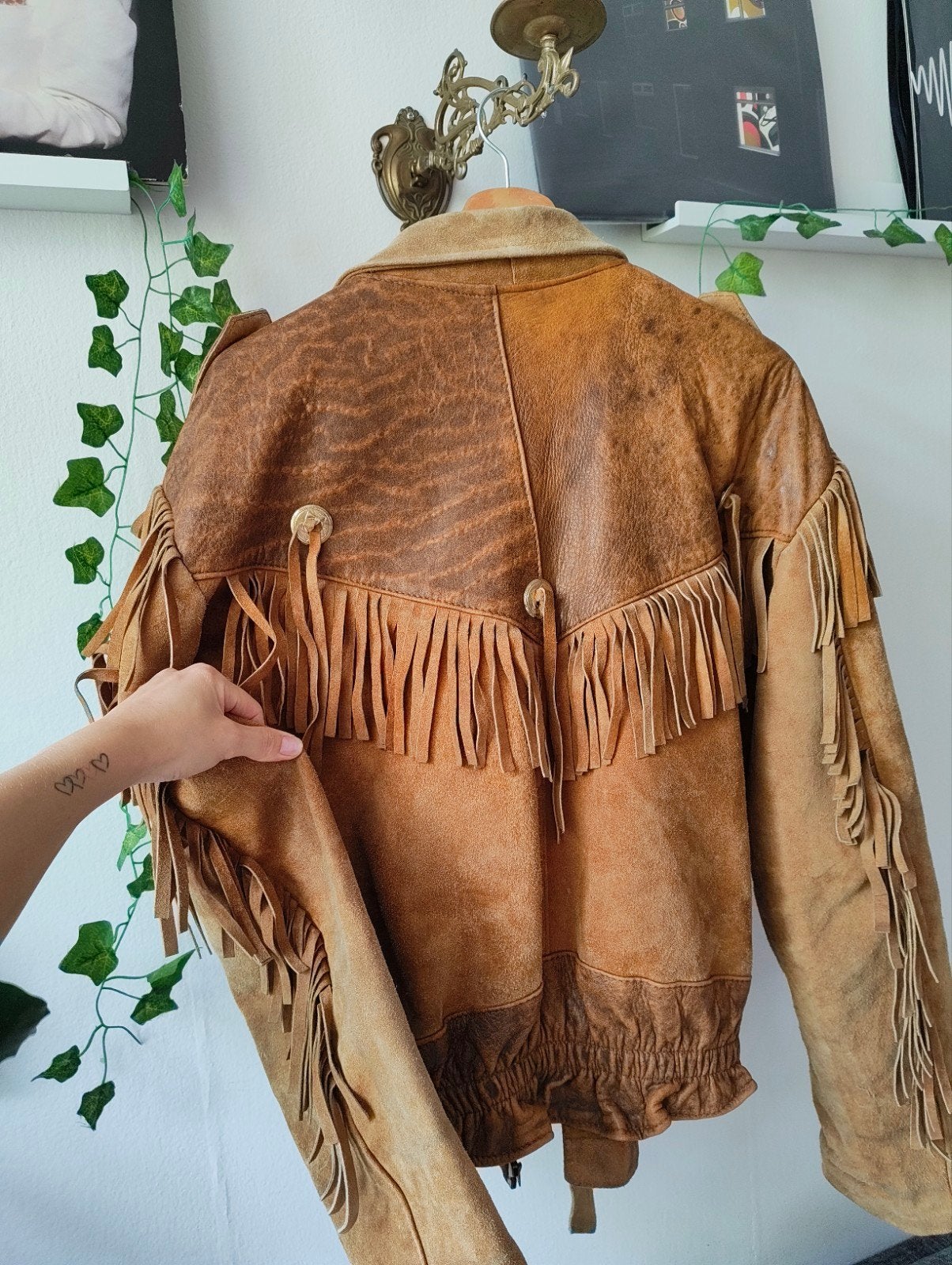 Vintage Suede Leren Bomberjack met Franjes - Western Stijl, Ophalen of Verzenden, Gedragen, Maat 42/44 (L), Bruin