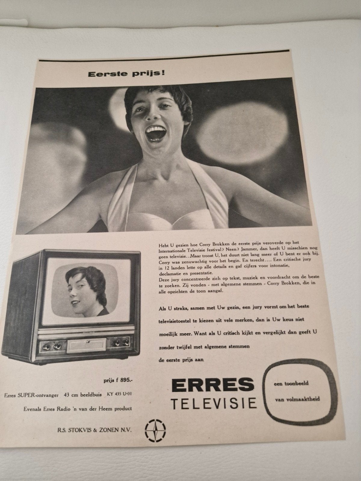 Vintage Erres Televisie Advertentie (32 x 24 cm), Ophalen of Verzenden, Knipsel(s)