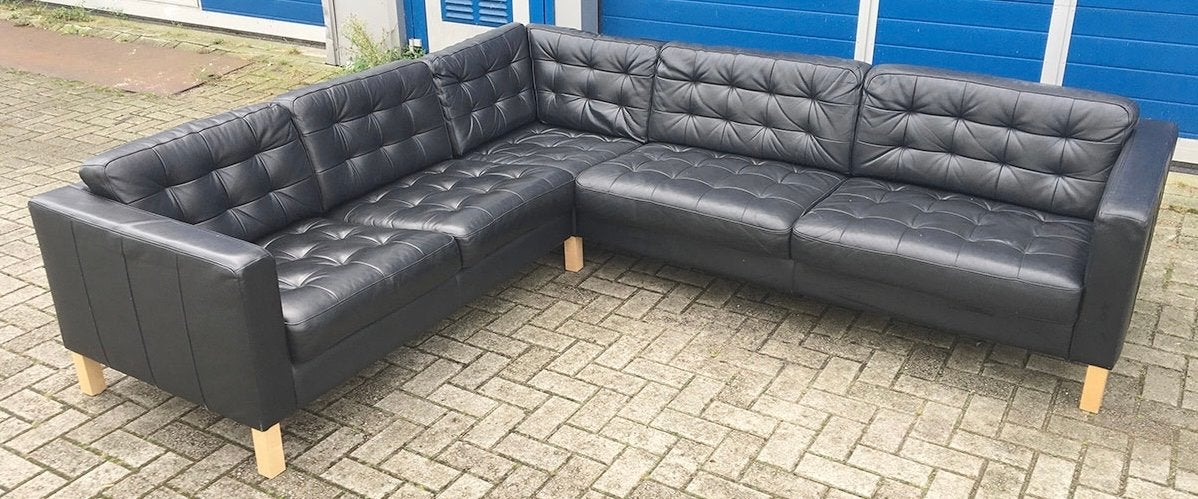 IKEA Landskrona hoekbank zwart leer - Gebruikt, ideaal voo, Ophalen, Gebruikt, Hoekbank, Tijdloos