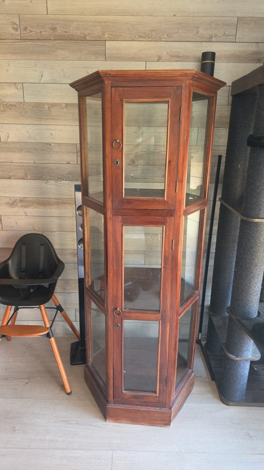 houten vitrine kast 6 hoek, Ophalen, Gebruikt, 50 tot 100 cm, 150 tot 200 cm