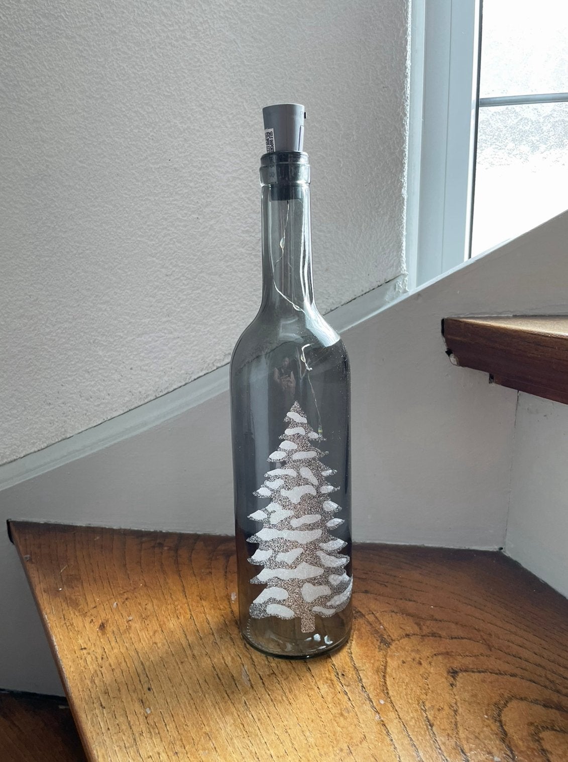 Glazen fles kerstboom zilver met verlichting, Diversen, Ophalen of Verzenden, Zo goed als nieuw
