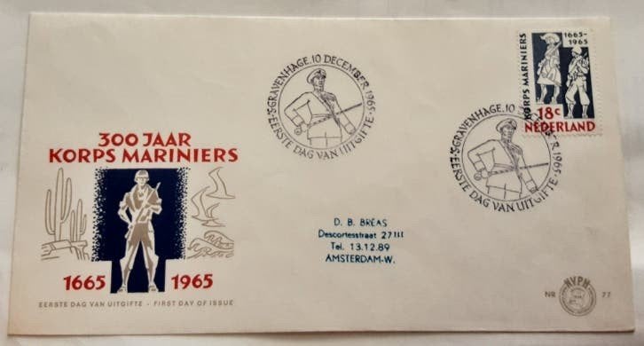 FDC E77 Korps Mariniers 1965 NL beschreven, Postzegels en Munten, Ophalen of Verzenden, Nederland