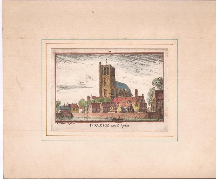 Woudrichem.Workum aan de Vesten. Gekl.Kopergr. Abr.Rademaker, Antiek en Kunst, Gesigneerd, Stadsgezicht, Ophalen of Verzenden