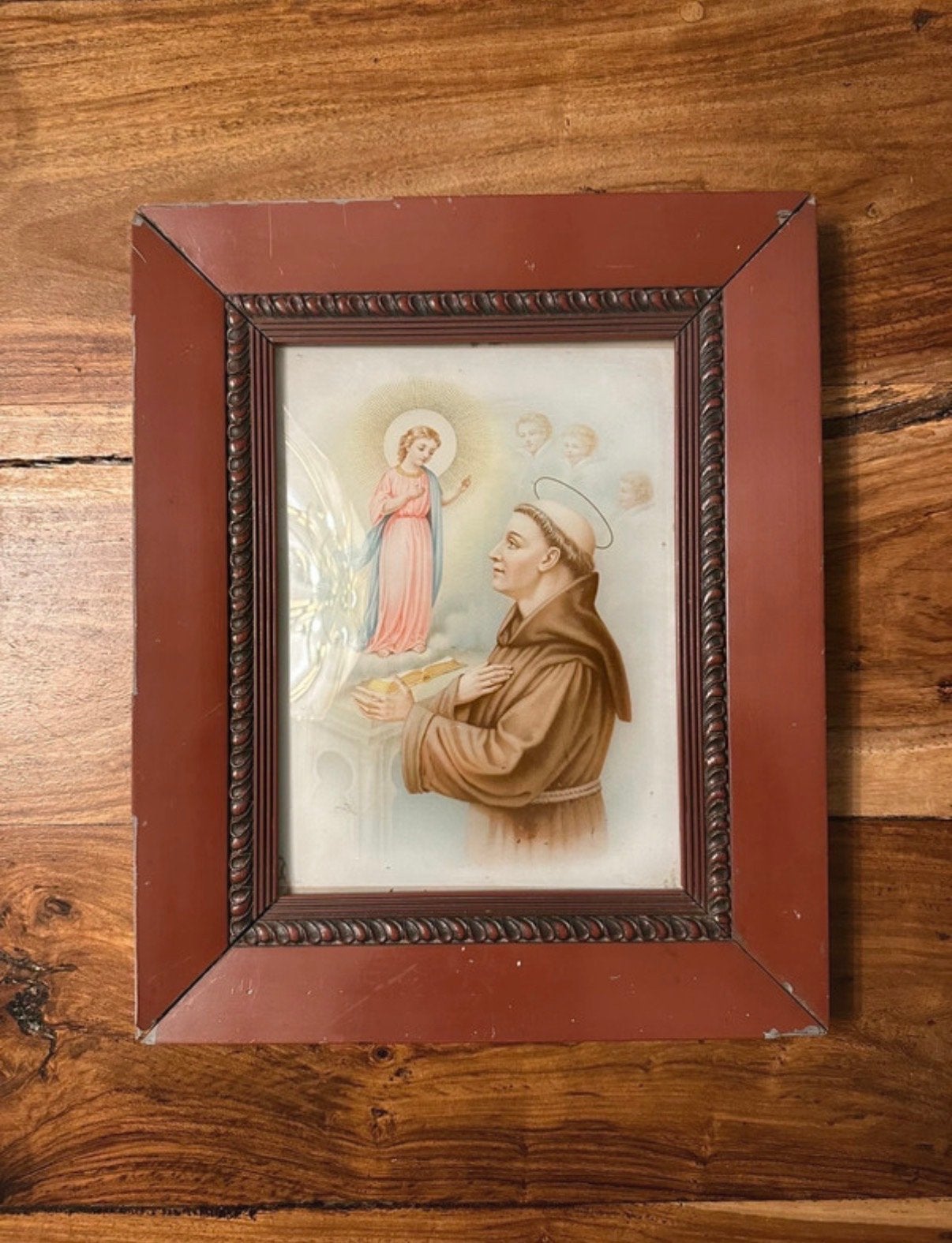 Vintage Sint Antonius van Padua print in bolglas lijst, Antiek en Kunst, Ophalen of Verzenden