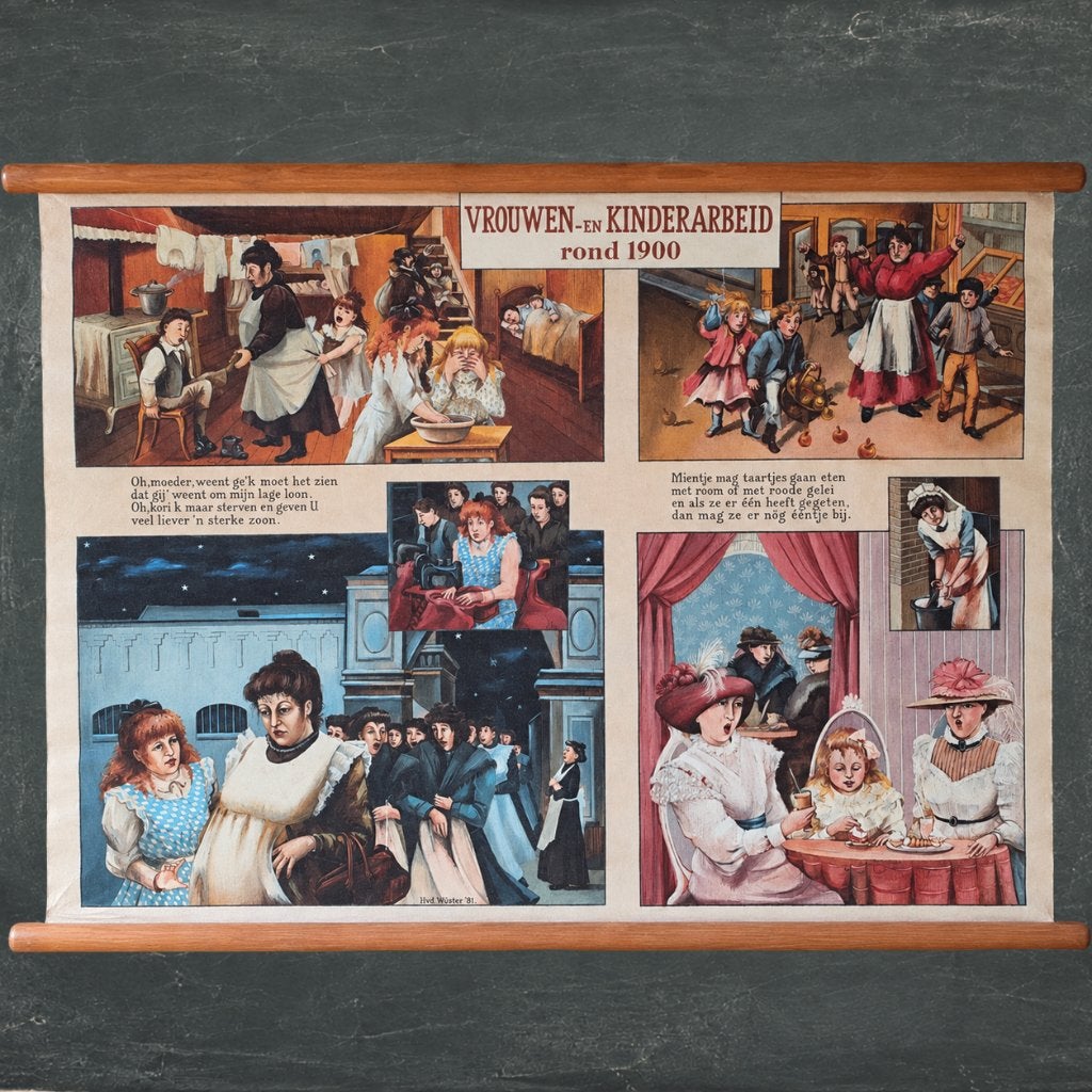 Oude schoolplaat Vrouwen- en Kinderarbeid rond 1900 – Wester, Antiek en Kunst, Ophalen of Verzenden