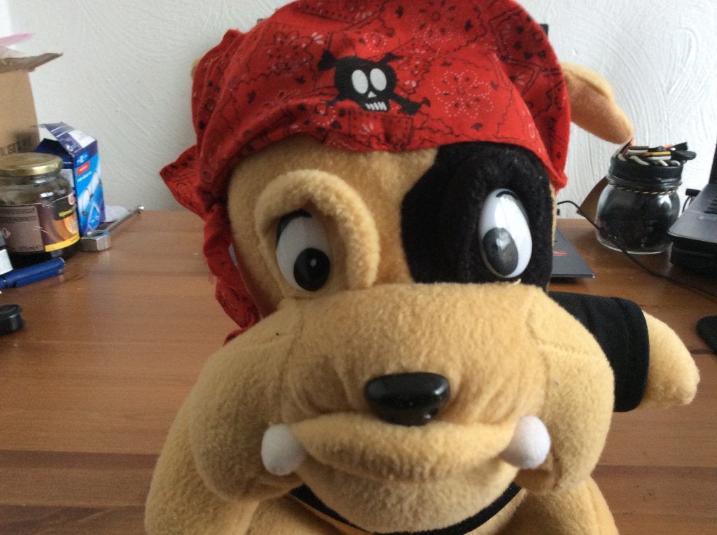 Buldog knuffel met bandana en Harley Davidson shirt. 22 cm, Ophalen of Verzenden, Gebruikt, Hond, Met kleding of accessoire