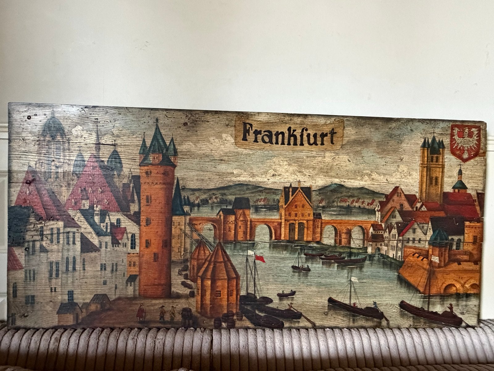 Prachtig Houtpaneel Frankfurt, F. Conz - Italië, Ophalen, Paneel, Handgeschilderd, Olieverf