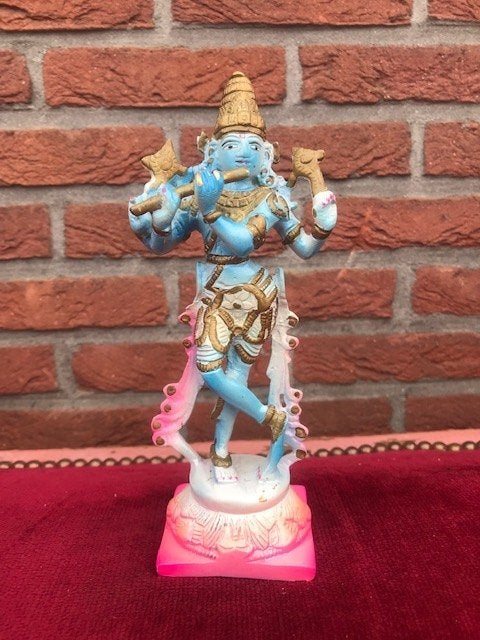 kleurrijk bronzen Krishna beeld, India, Antiek en Kunst, Ophalen of Verzenden, Brons
