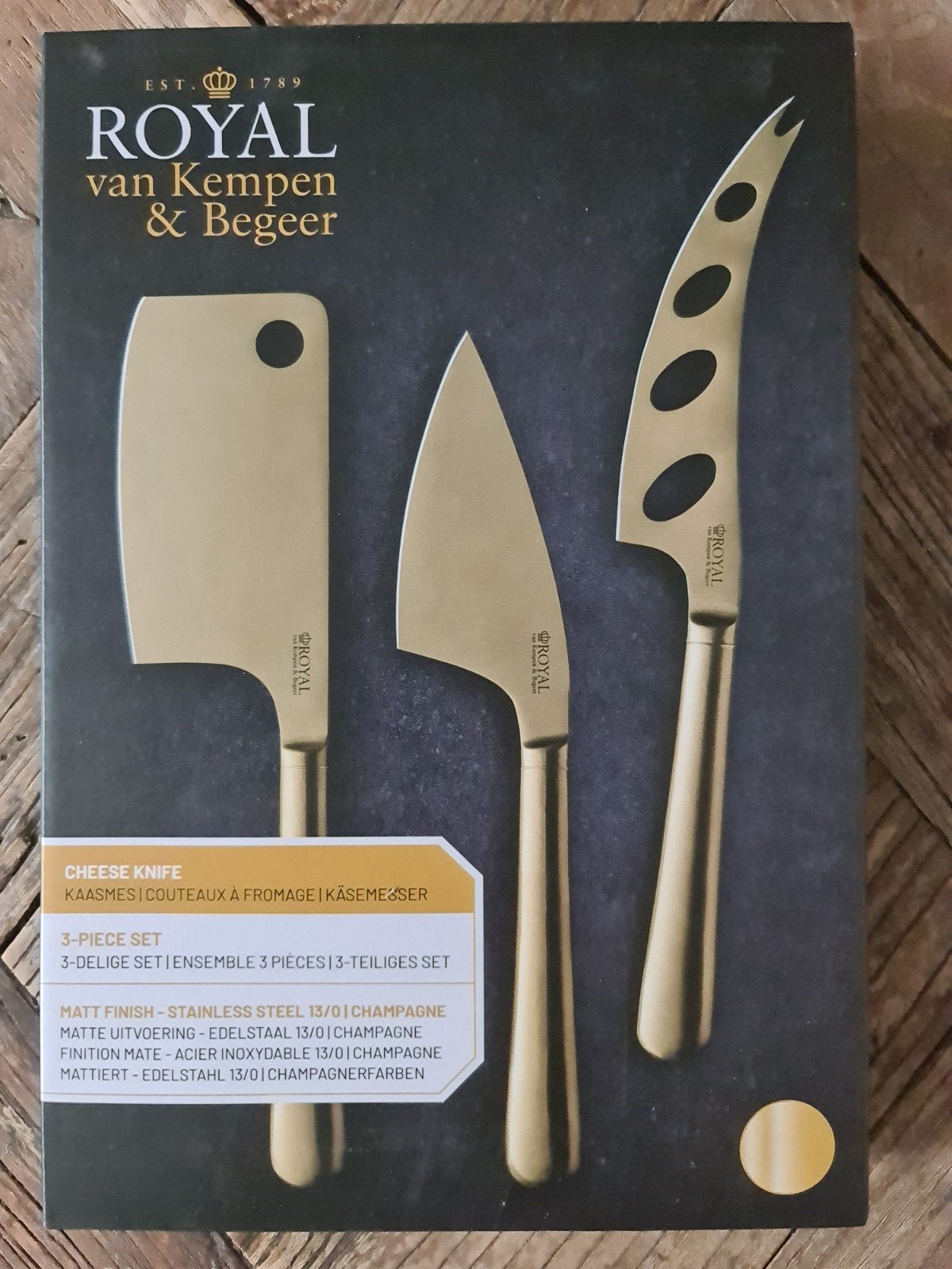 Royal van Kempen & Begeer Kaasmessenset - 3-delig nog 7 pakk, Royal Van Kempen & Begeer, Los bestek, Nieuw, Rvs of Chroom