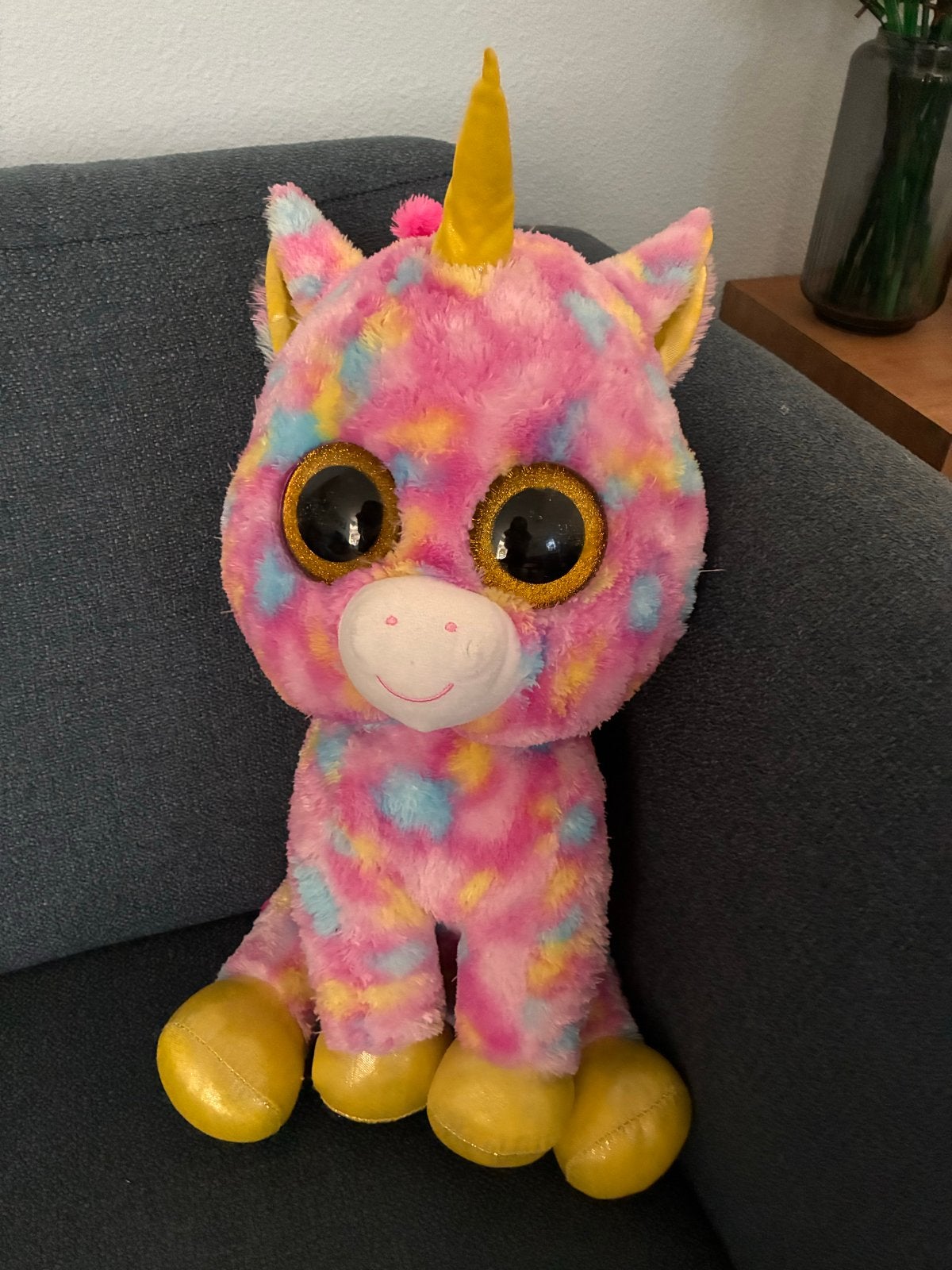 Ty eenhoorn knuffel, roze met gouden hoorn (unicorn), Gebruikt, Eenhoorn, Ophalen of Verzenden, Middelgroot (20 tot 80 cm)