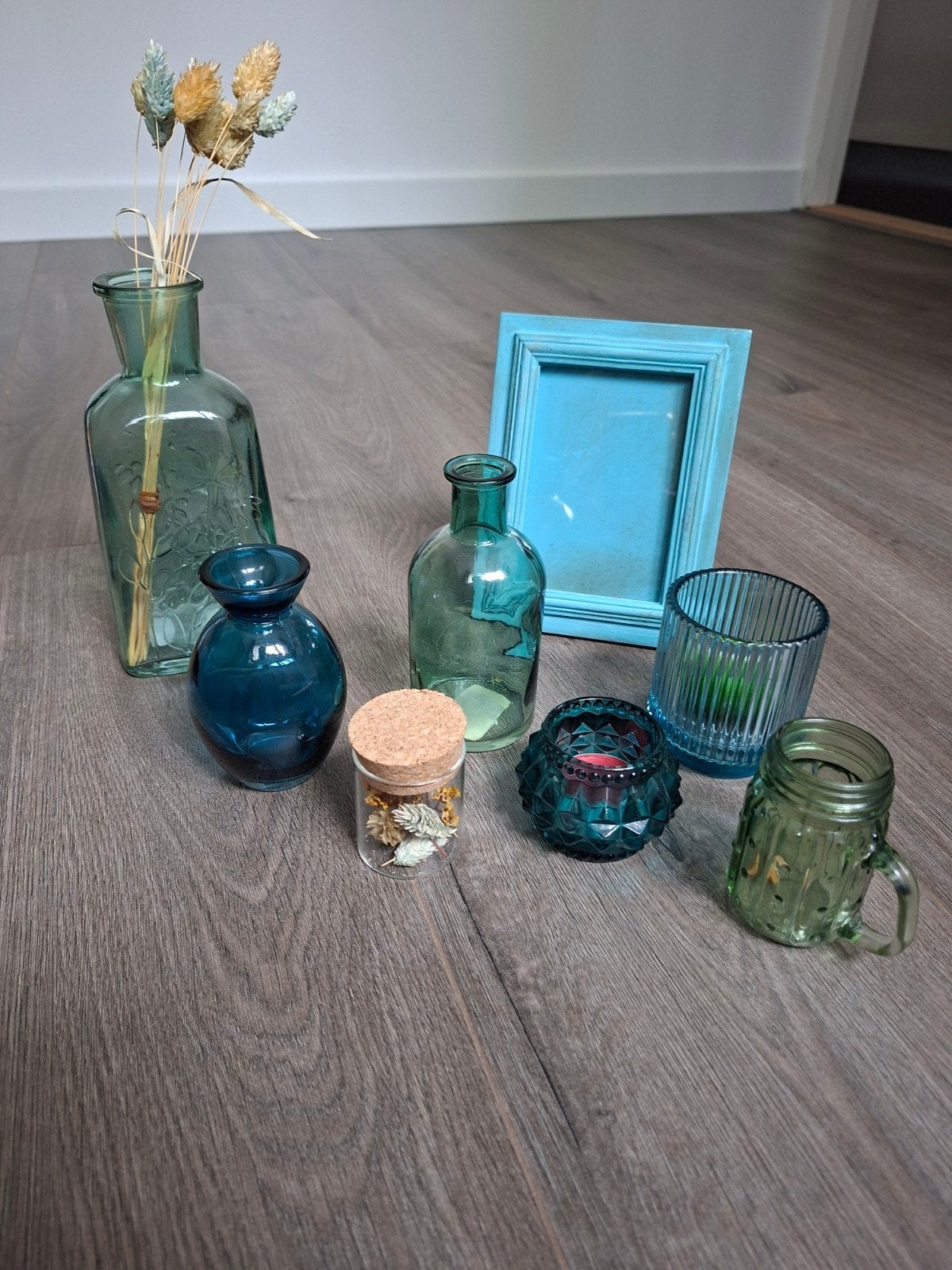 groen/blauwe vaasjes en waxinehouders, Ophalen, Groen, Glas