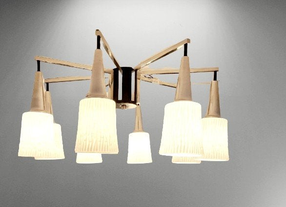 Vintage hanglamp/plafondlamp met 8 glazen kappen, Ophalen, Gebruikt, E14 (klein), Vintage, Mid-century
