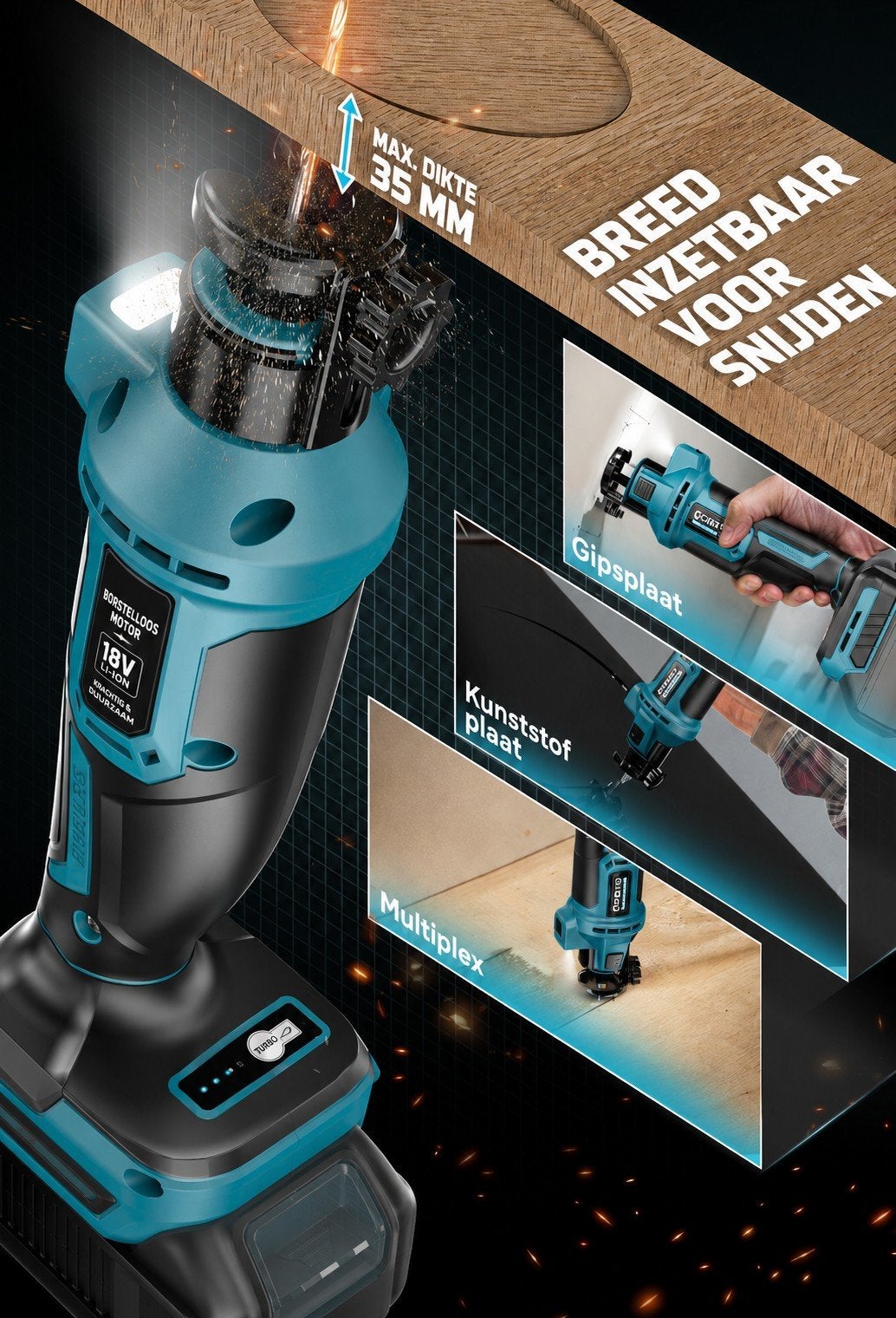 Gipsplaatfrees Makita compatibel + 2 accu’s – tot 35mm die, Doe-het-zelf en Verbouw, Gereedschap | Freesmachines, Ophalen of Verzenden
