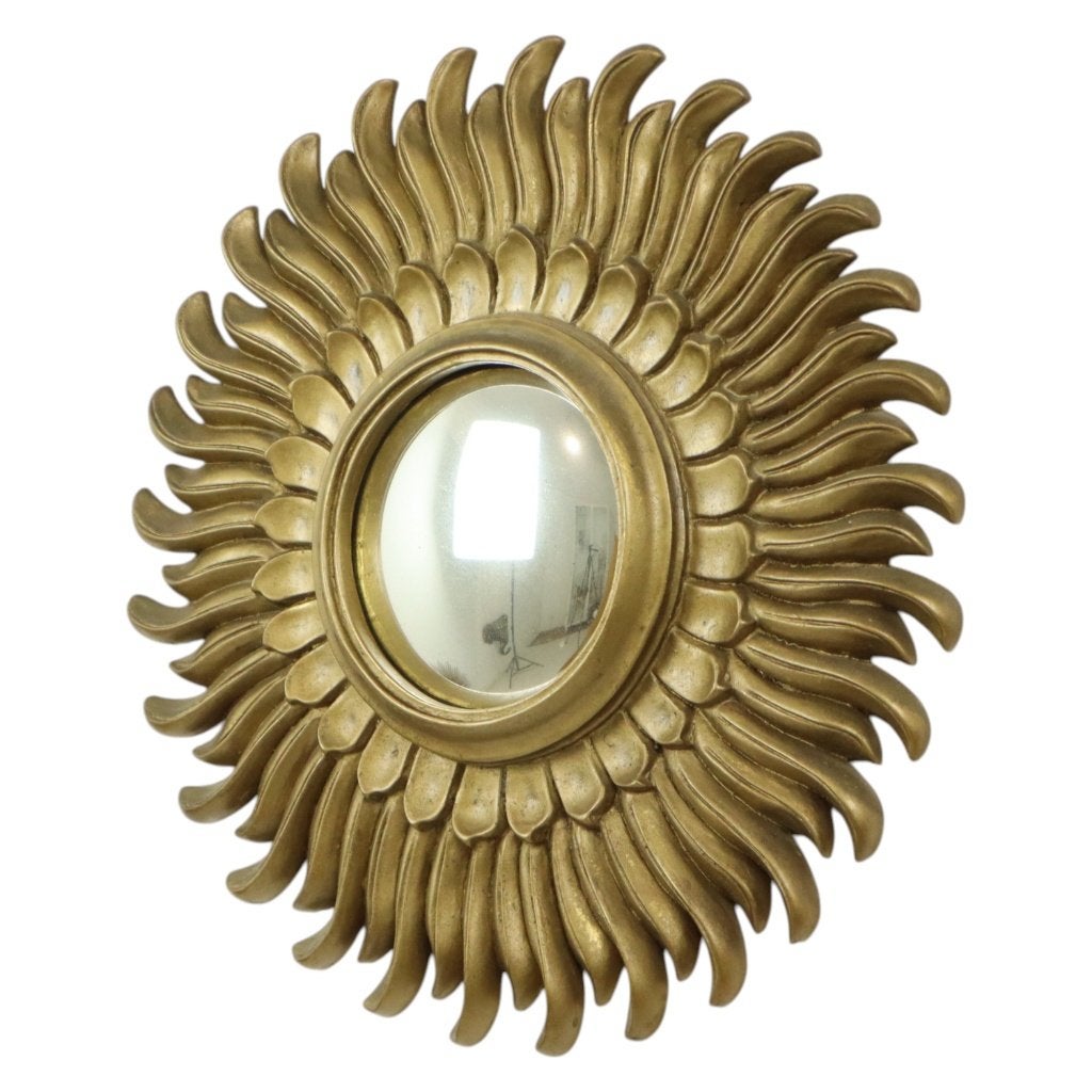 Vintage Zonnespiegel Sunburst Spiegel Convex Goud Hars 42cm, Minder dan 50 cm, Gebruikt, Rond, Ophalen of Verzenden