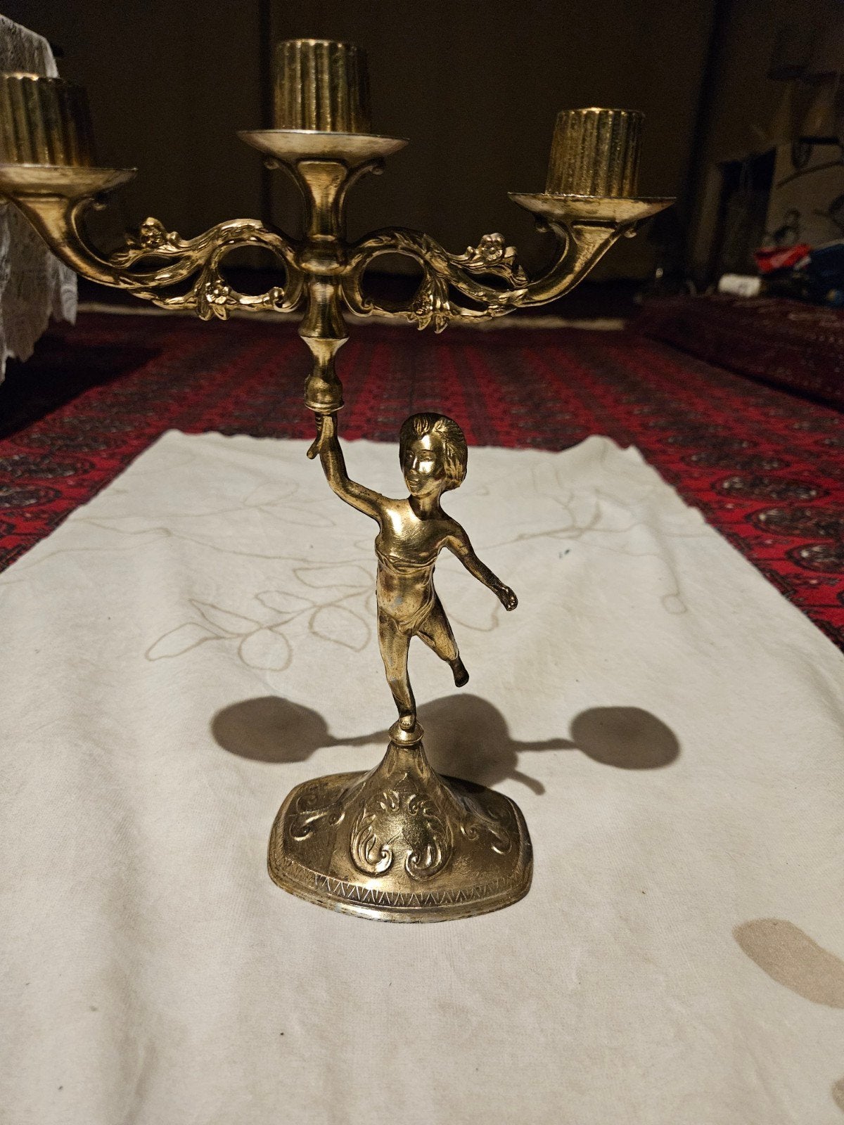 Antieke Bronzen Kandelaar met Cherubijn - 30cm, Antiek en Kunst, Ophalen