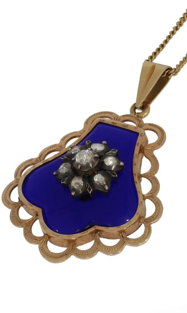 Diamanten blauw glas fraaie 14k gouden ketting hanger antiek