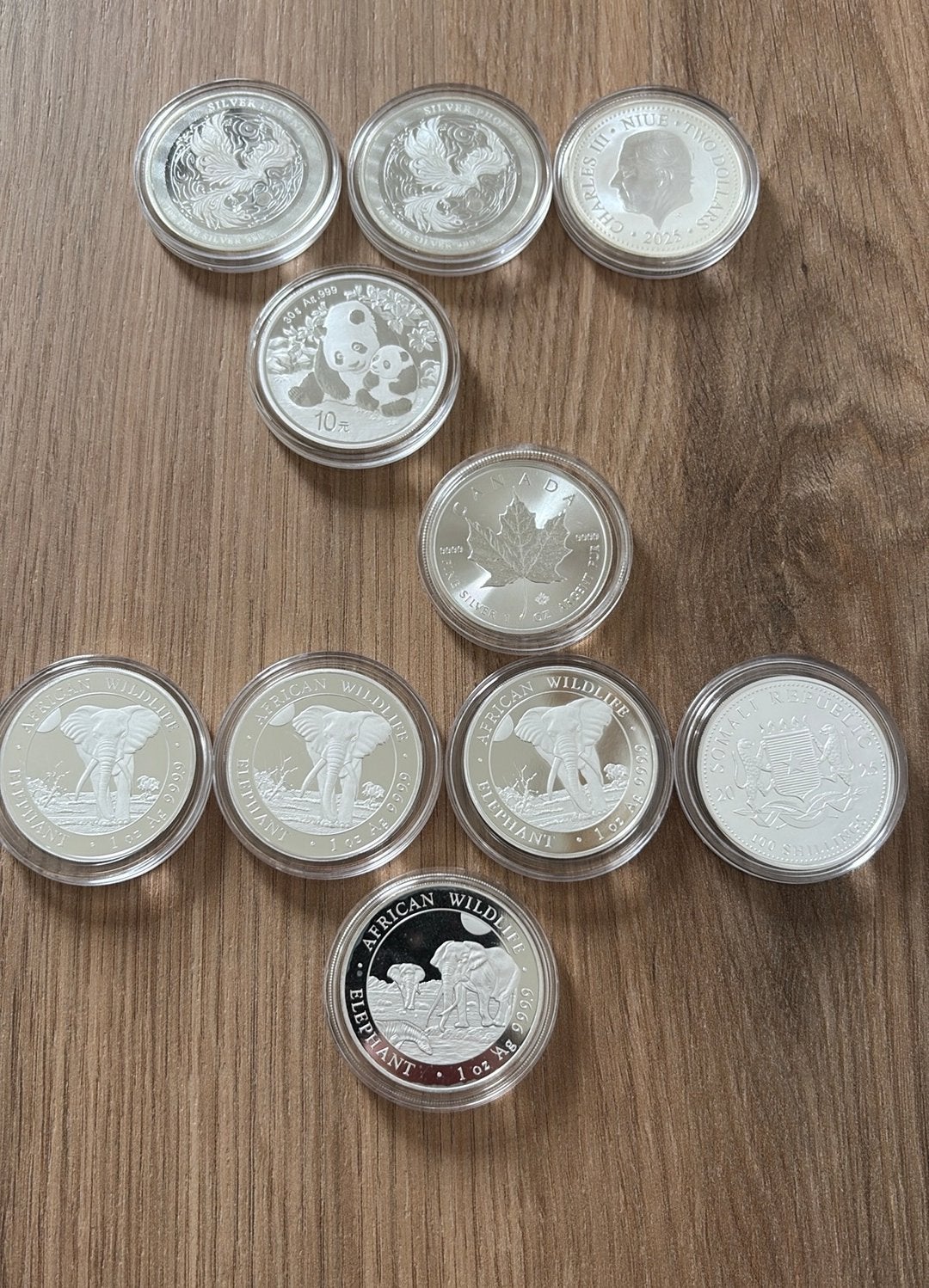 10x 1 ounce zilver (lot 3) phoenix panda maple elephant, Ophalen of Verzenden, Zilver