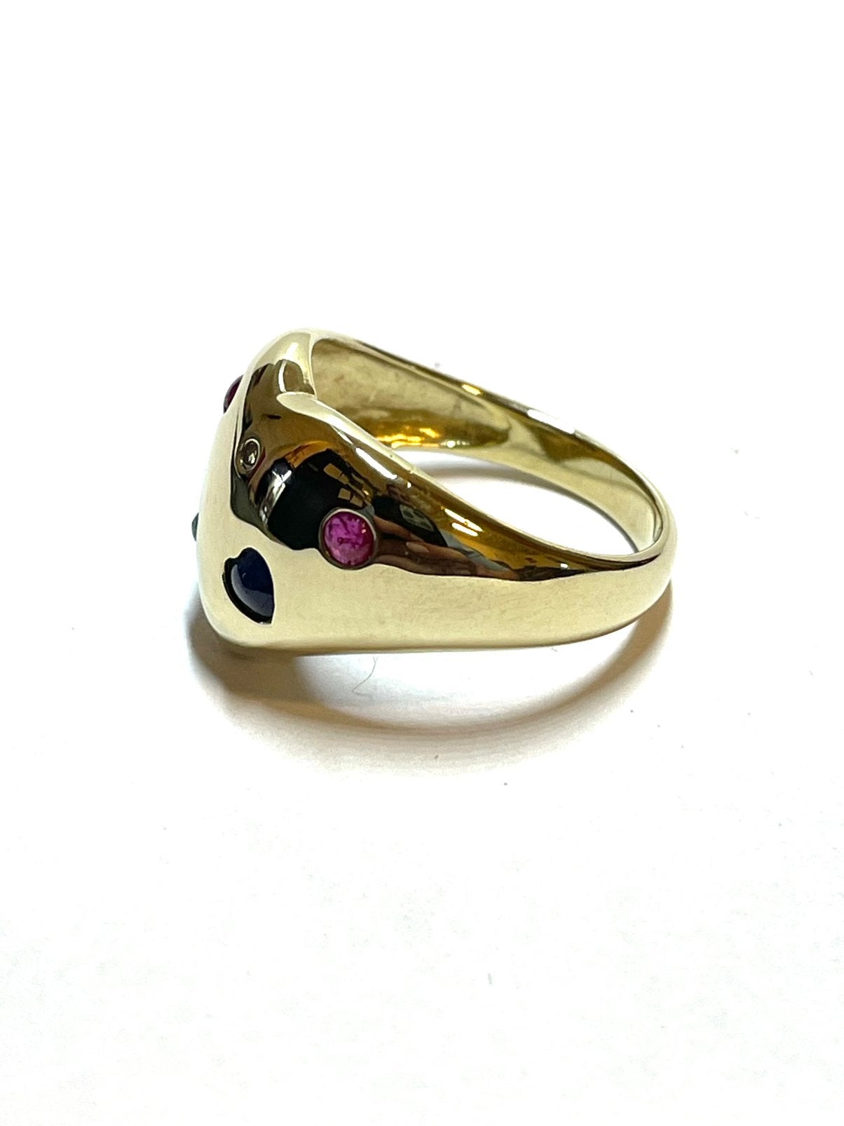 8k gouden ring met smaragd, robijn, saffier en zirkonia, -, -, Ophalen of Verzenden, Zo goed als nieuw