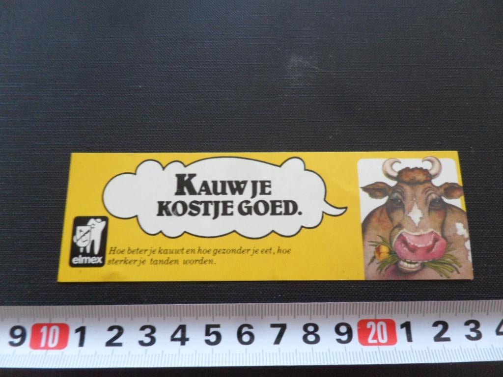 sticker elmex tandpasta strip koe kauw je kostje goed *, Verzamelen, Ophalen, Zo goed als nieuw