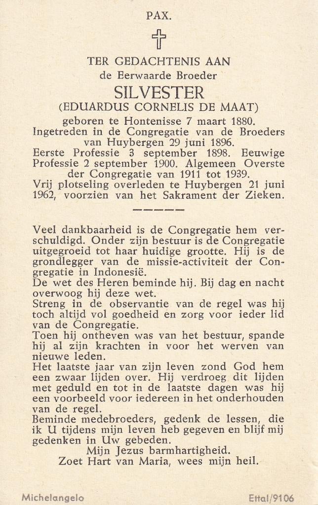 Maat Eduardus 1880 Hontenisse 1962 Huybergen  priester, Ophalen of Verzenden, Bidprentje