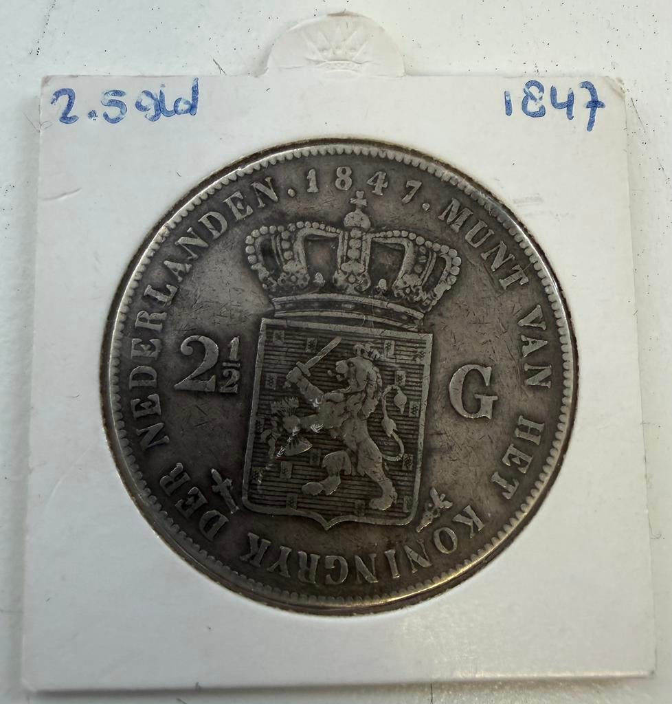Zilveren 2,5 gulden Willem II - 1847, Postzegels en Munten, Penningen en Medailles, Ophalen of Verzenden, Zilver