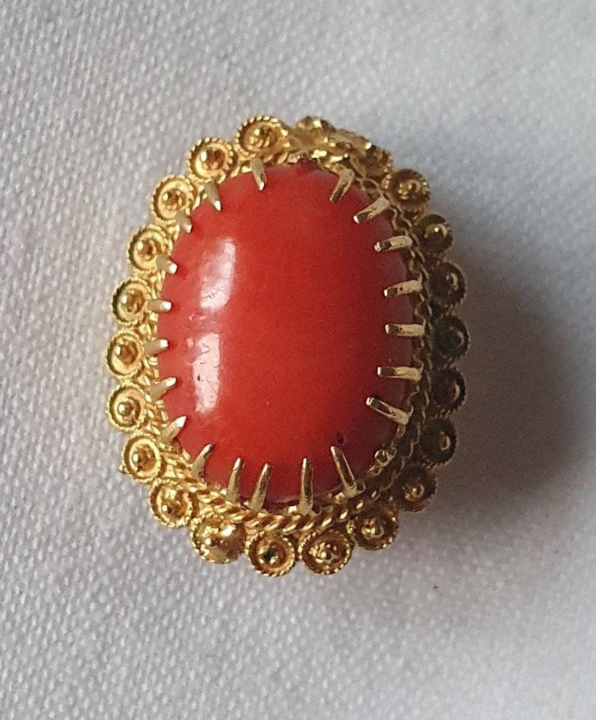Antieke Doublé gouden Broche met echt bloedkoraal plm 1895, Sieraden, Tassen en Uiterlijk, Antieke sieraden, Ophalen of Verzenden
