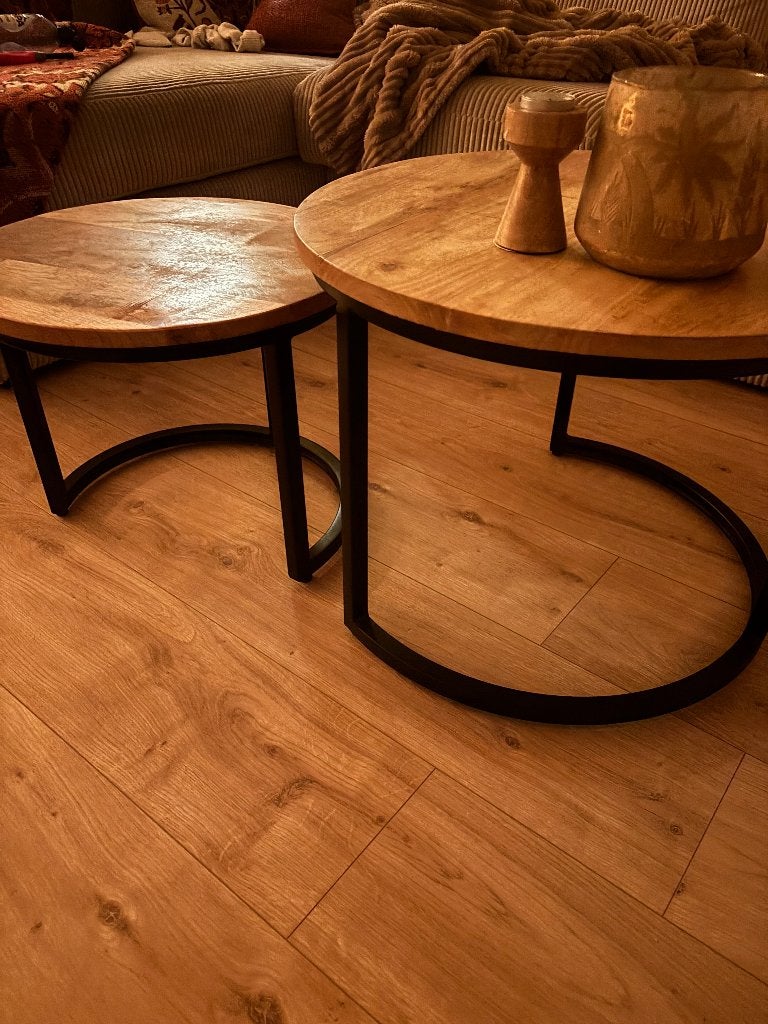 Mango houten salon tafels, Ophalen, Gebruikt, 50 tot 100 cm, Rond