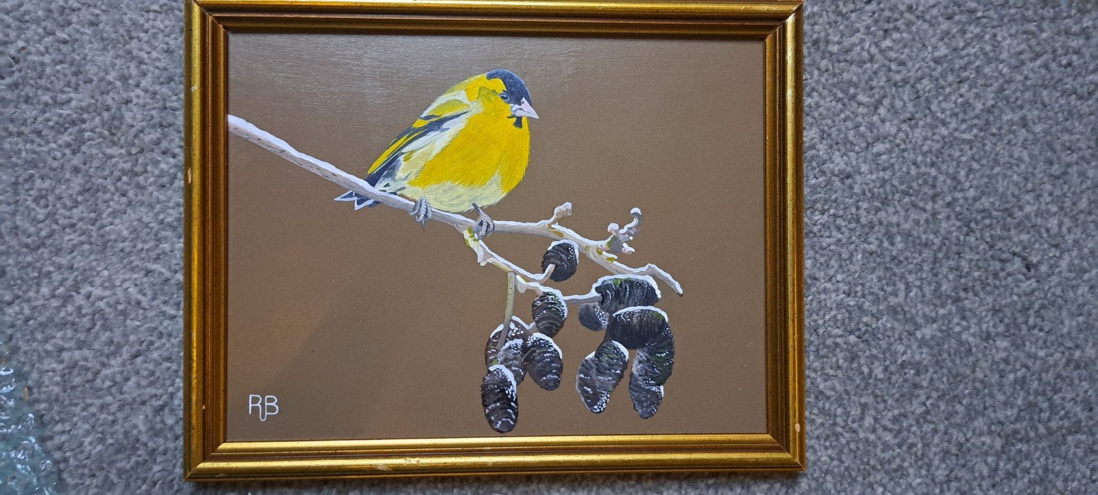 Sijsje op tak - Ron Brinkman - Acryl op paneel, Ophalen of Verzenden