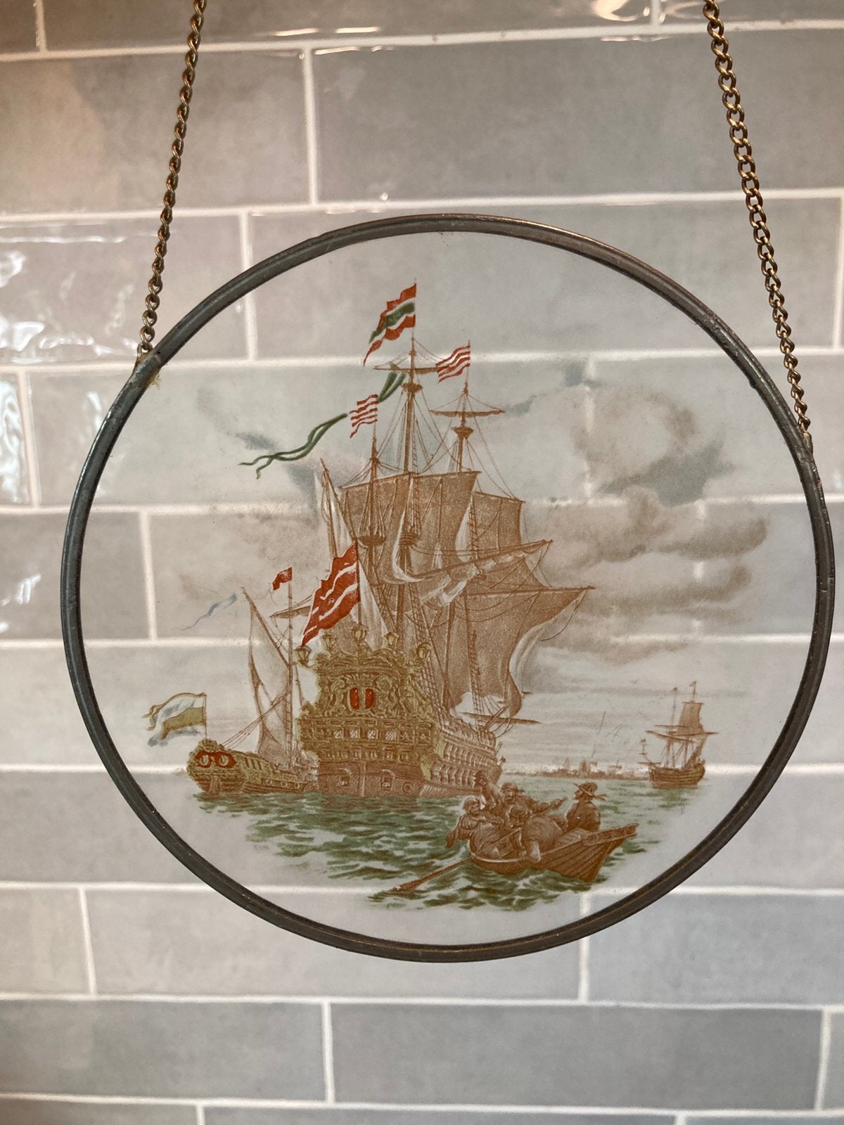 Glas in lood raamhanger, oud zeilschip (280526), Ophalen of Verzenden, Zo goed als nieuw