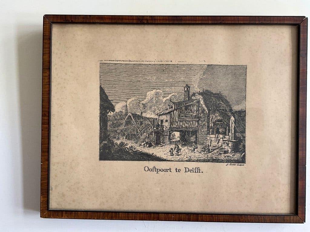 Prent Ooftpoort Delft, Antiek en Kunst, Kunst | Etsen en Gravures, Ophalen, Stadsgezicht, 1600 - 1699, Gravure