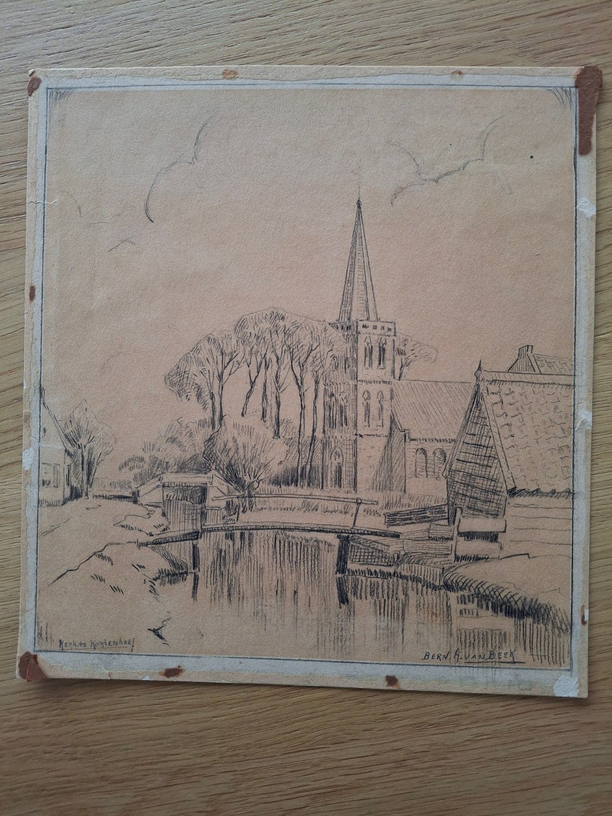 Kerkje Kortgene - Tekening van Bern. G. van Beek, Ophalen, Tekening, Pentekening, Gesigneerd