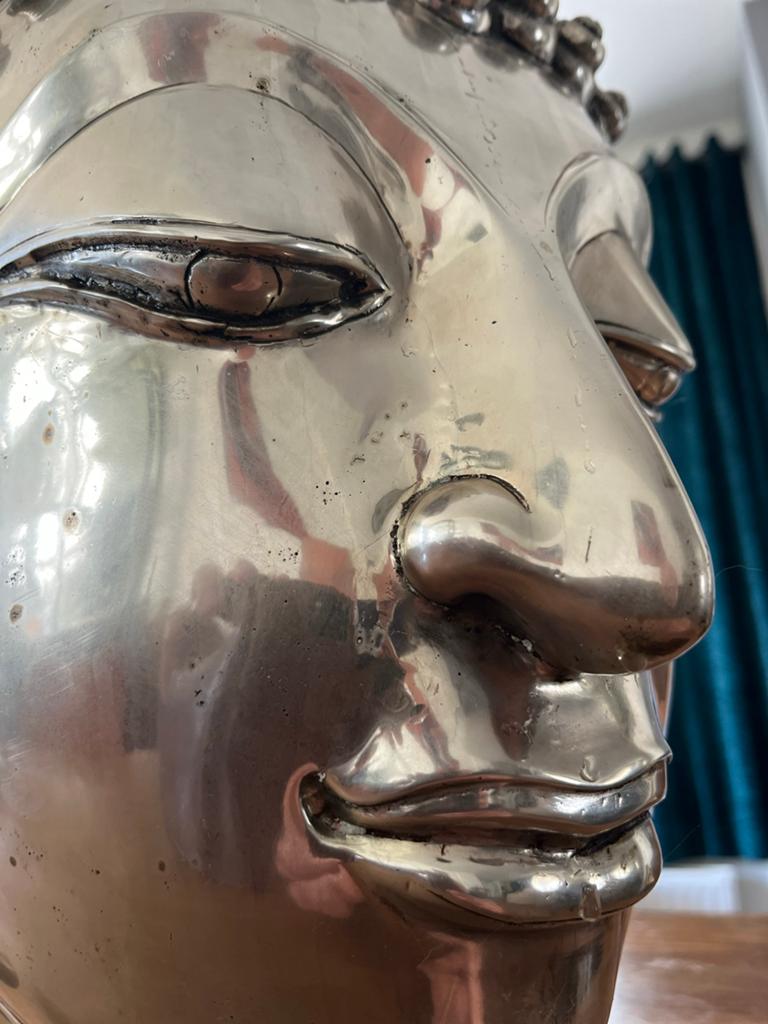 Groot Vernikkeld Bronzen Boeddha Hoofd - 67cm, Ophalen, Zo goed als nieuw