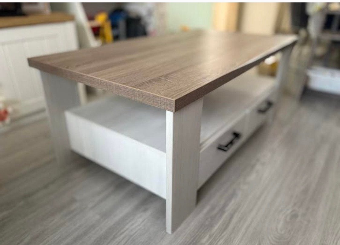 Salontafel Cardiff Wit - Truffel Eiken met 2 lades, Ophalen, Gebruikt, 100 tot 150 cm, 50 tot 100 cm