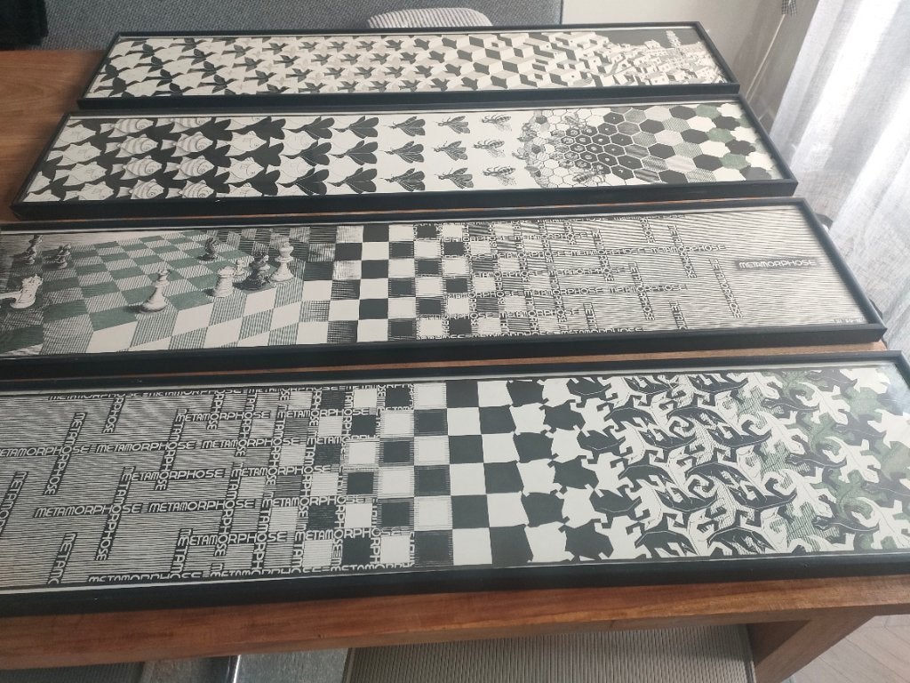 4 reproducties M.C. Escher – Metamorphose, Boeken, Ophalen, Zo goed als nieuw