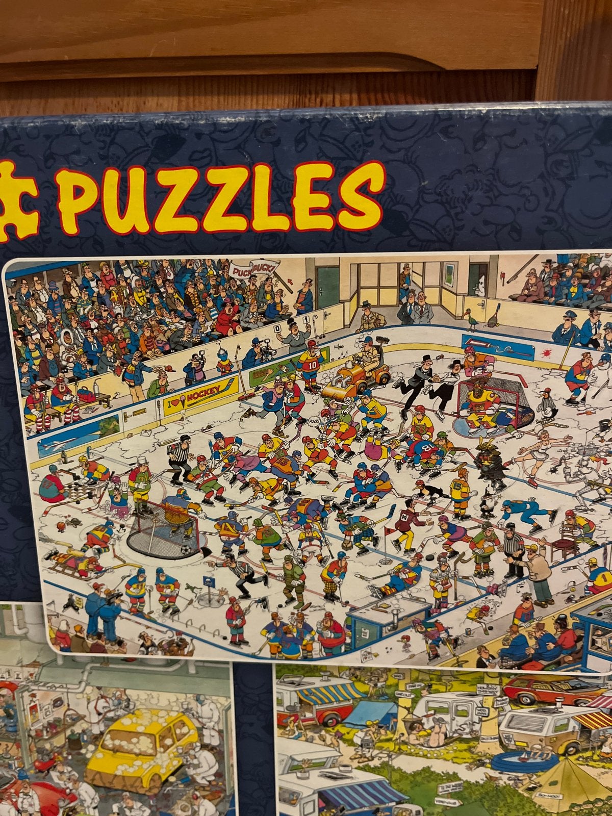Jan van Haasteren Puzzel - IJshockey & Garage (2x1000 stukje, Ophalen, 500 t/m 1500 stukjes, Gebruikt, Legpuzzel