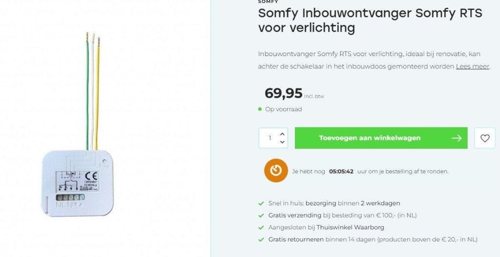 Somfy RTS Afstandbedienbare inbouwontvanger verlichting, Minder dan 100 cm, Wit, Nieuw, Ophalen of Verzenden