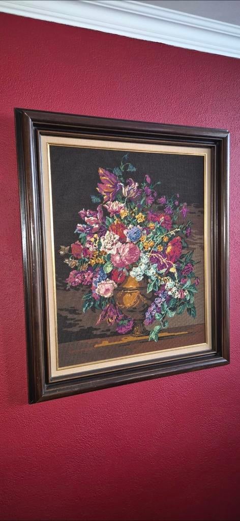 Vintage Geborduurd Bloemenstilleven - 100x85cm, Antiek en Kunst, Kunst | Schilderijen | Klassiek, Ophalen