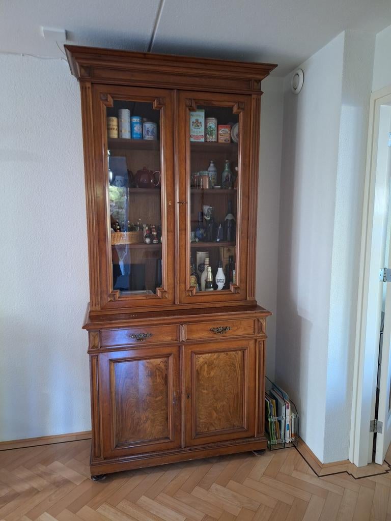 Antieke tweedelige kast met glazen deuren, Antiek en Kunst, Ophalen