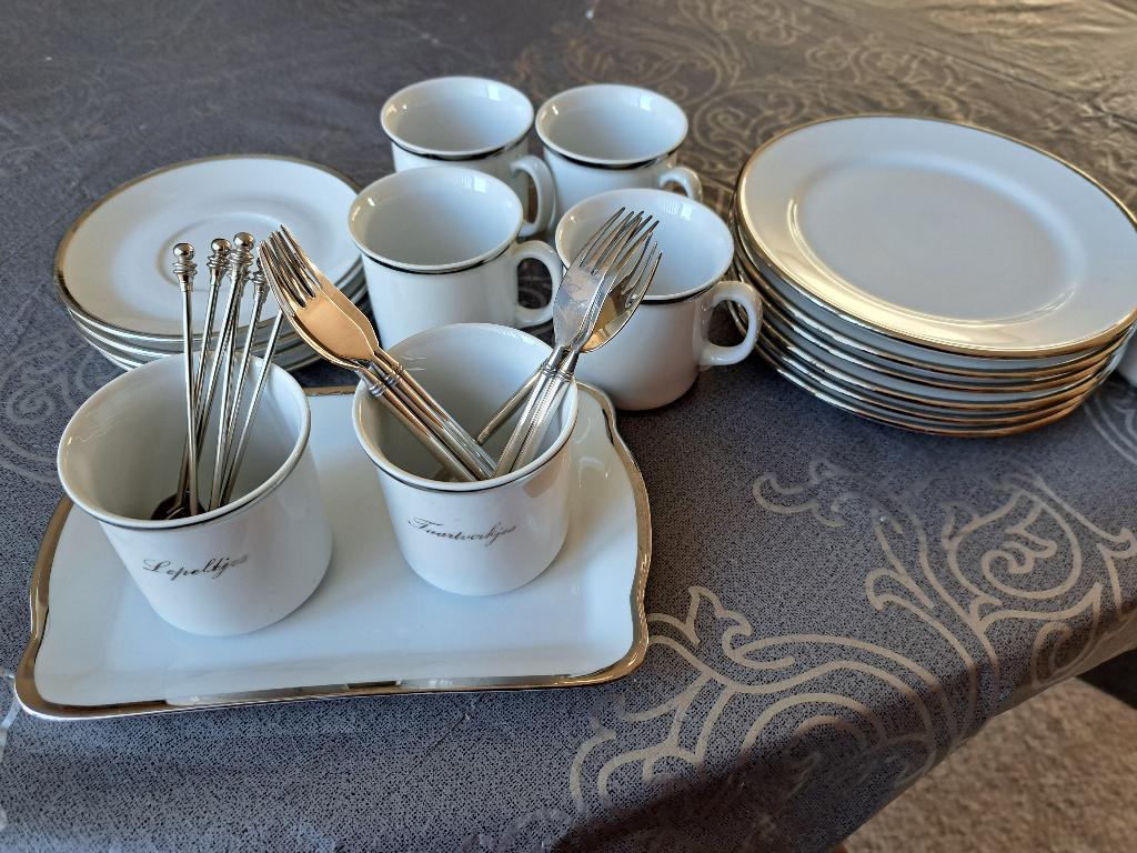 Koffieservies Kronester Bavaria met zilverkleurige rand, Ophalen of Verzenden, Zo goed als nieuw, Overige stijlen, Kop(pen) en/of Schotel(s)